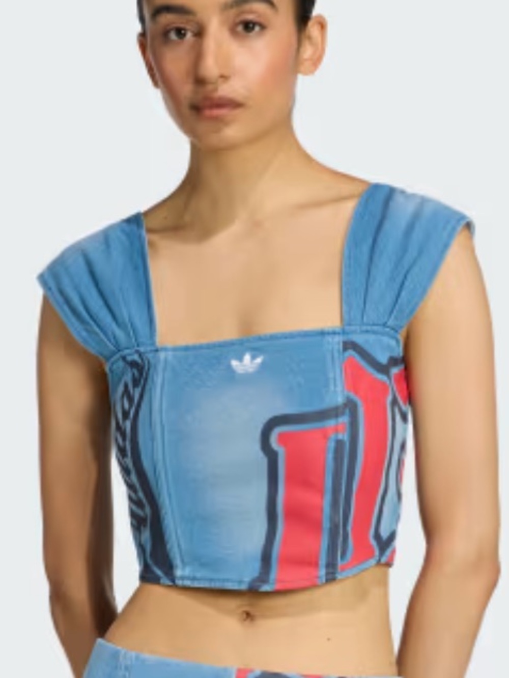 adidas Originals Light Blue Graphic Crop Top with Red Accents - Picture 1 of 5